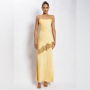 meshki chandra lace detail satin maxi dress - lemon